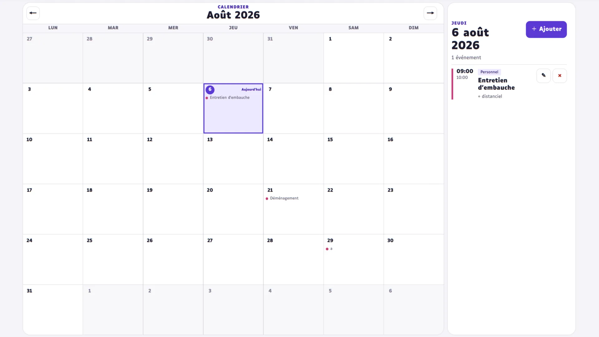 Calendrier mensuel Agenda en thème clair avec un événement sélectionné et son panneau de détail.