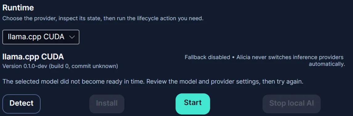 Écran Runtime d’Alycia avec fournisseur llama.cpp CUDA et actions Detect, Install, Start et Stop local AI.